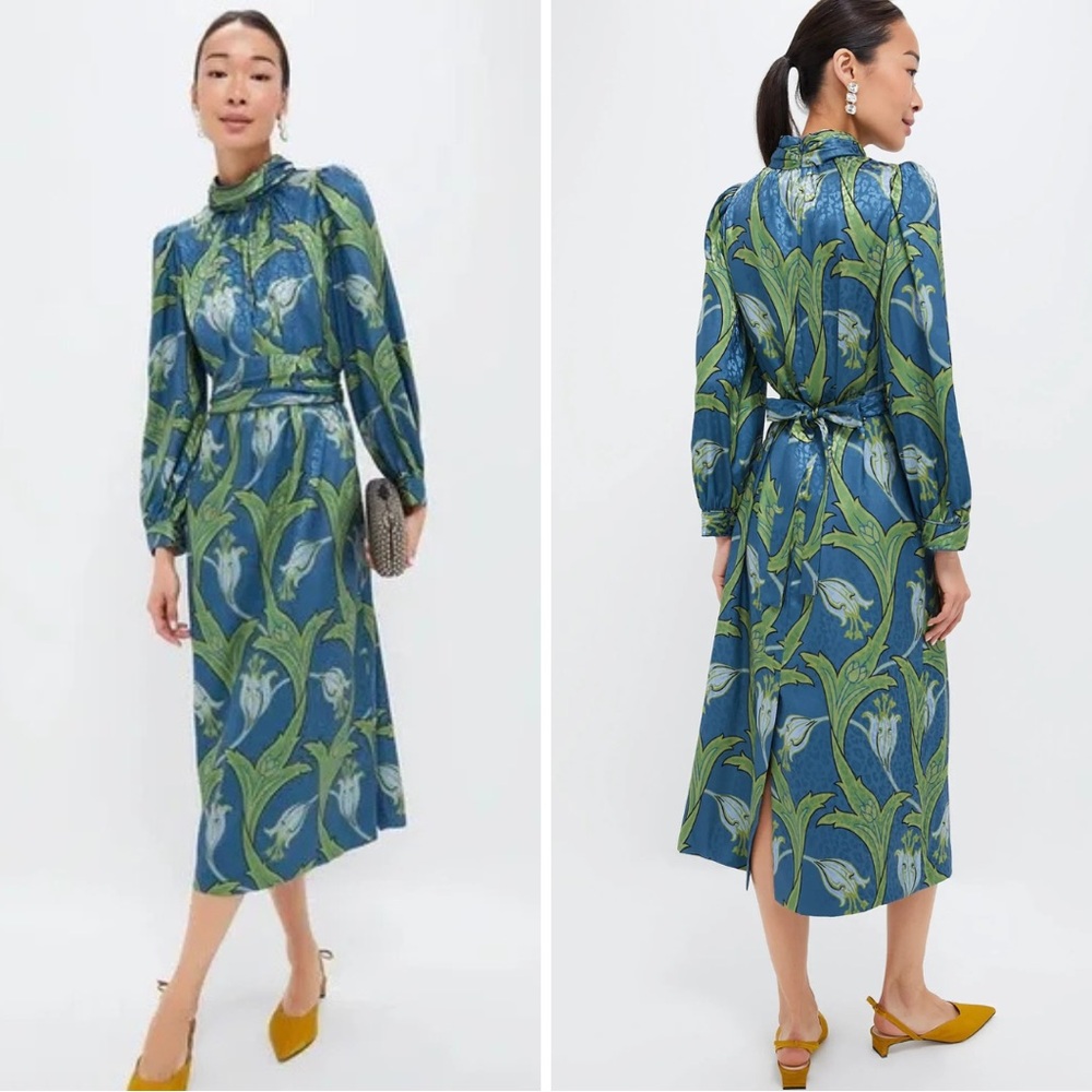 Tuckernuck Deco Floral Midi Satin Formal Cocktail Dress w/ Mock-neck Size XL